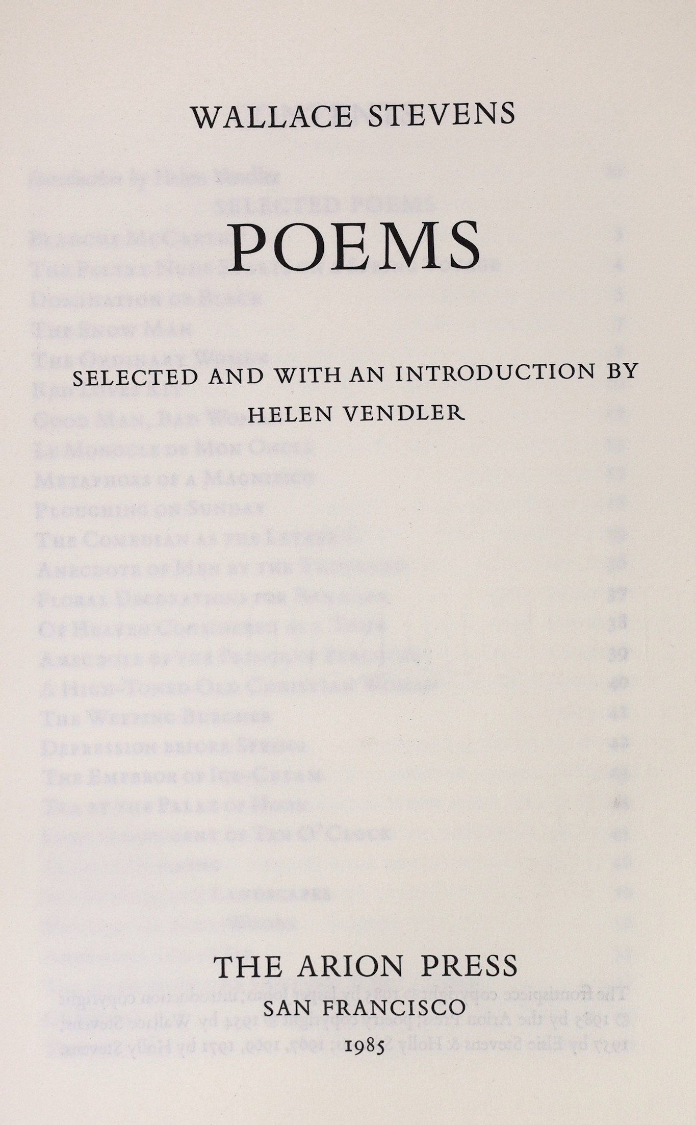 Jasper John (1930-) Illustrator - Stevens, Wallace (1879-1955) - Poems, with introduction by Helen Vendler, number 30 of 300 illustrated with an original etching with aquatint frontispiece, signed in pencil by Jasper Joh